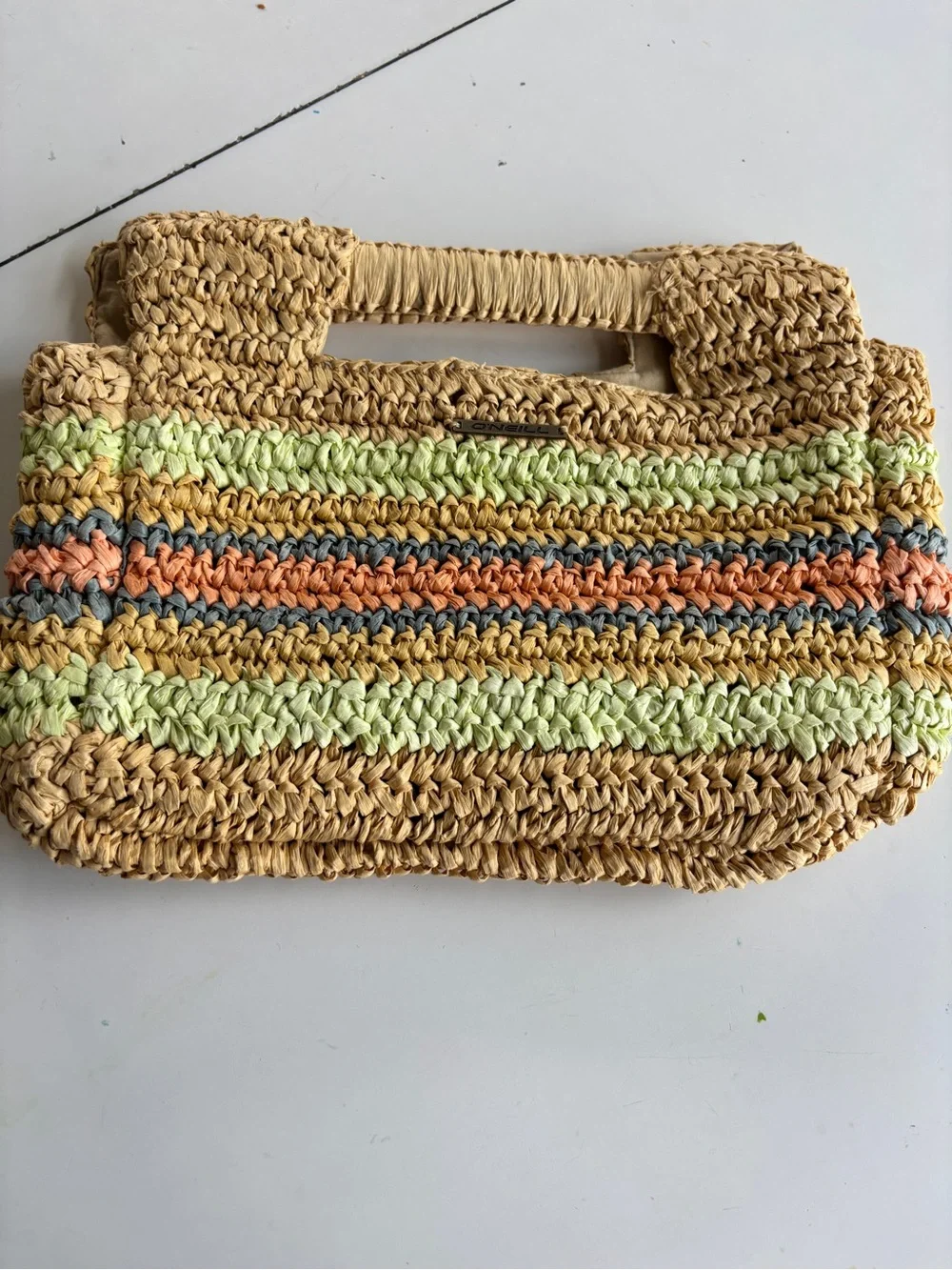O'Neill Woven Straw Clutch with Green, Orange & Blue Stripes